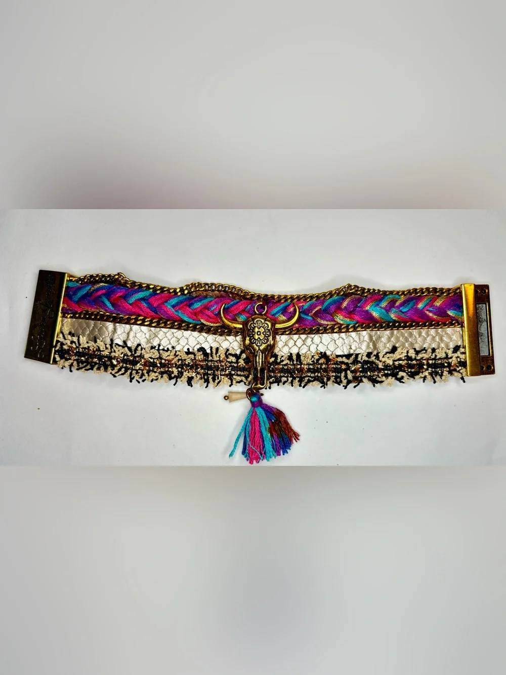 Laura Janelle Pleather Pink Gold Bull Western Sohthwestern Rodeo Glam Bracelet
